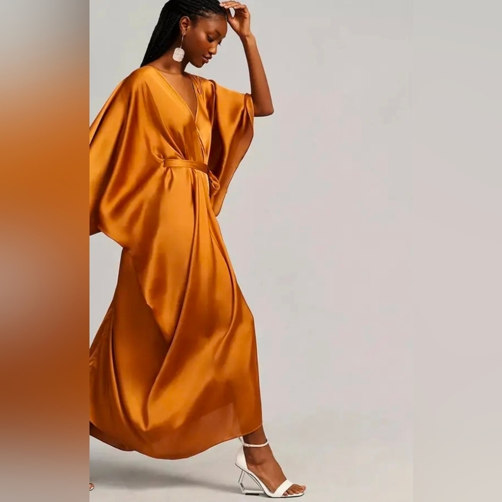 Anthropologie Satin Kaftan Tie Front Maxi Dress OS Adjustabe In Bronze NWT$200 - Picture 10 of 12